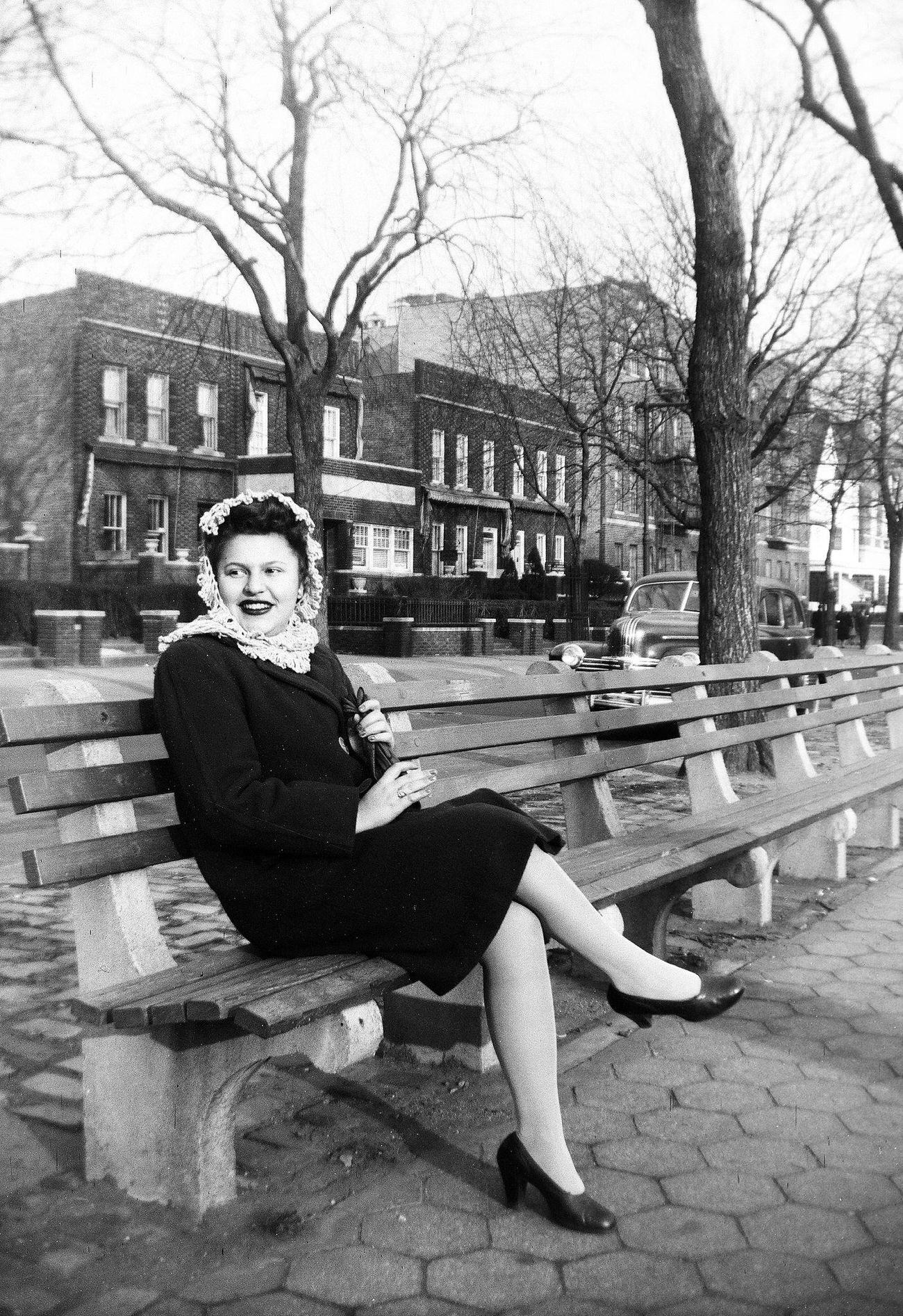 Woman Sitting On A Bench And Smiling, 1944