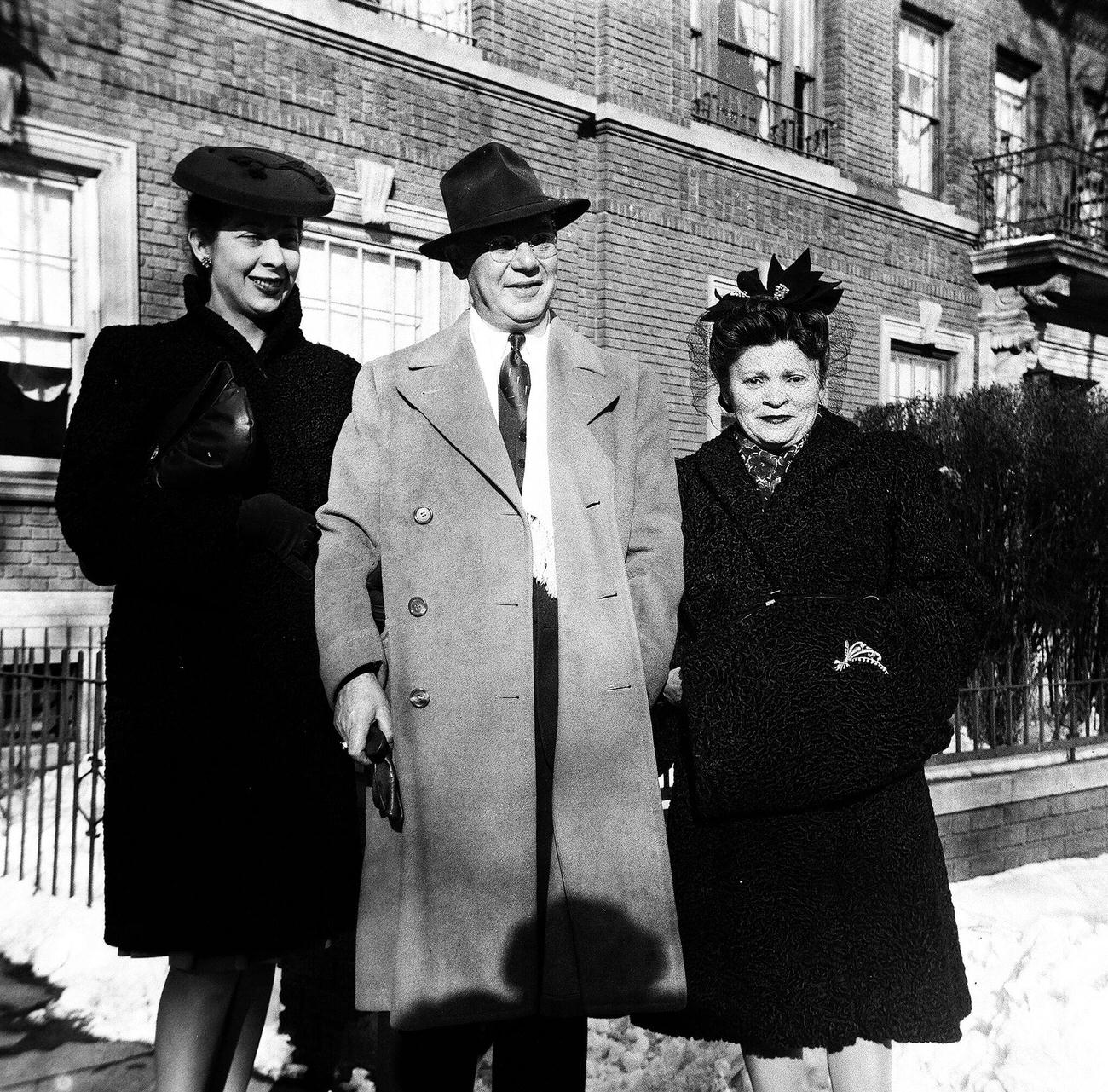 Ida Alman And Couple Posing In The Snow, 1944