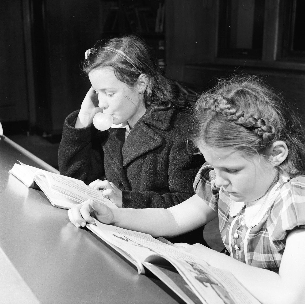 Children Reading At Public Library, 1947