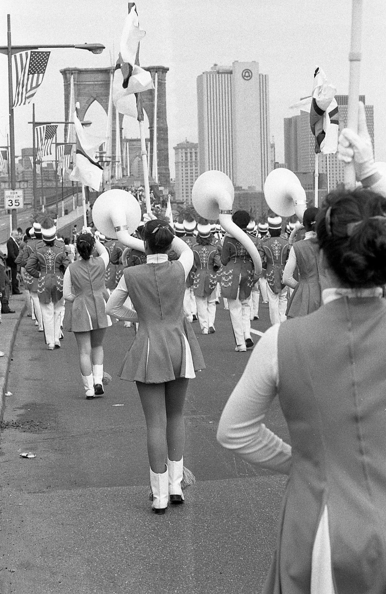 Rear View Of Marching Band On Brooklyn Bridge, 1983