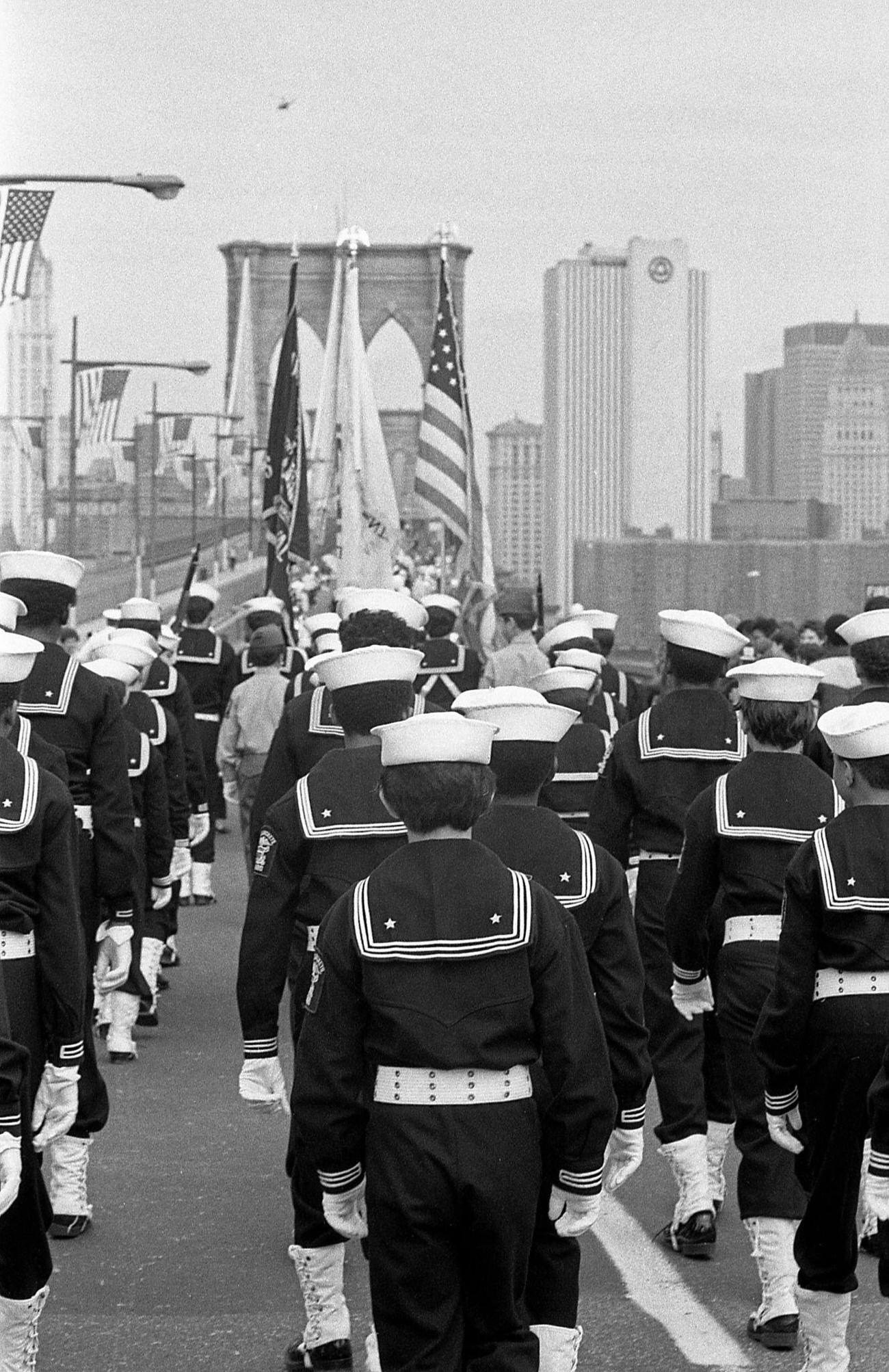 Uniformed Sailors Crossing The Brooklyn Bridge, 1983