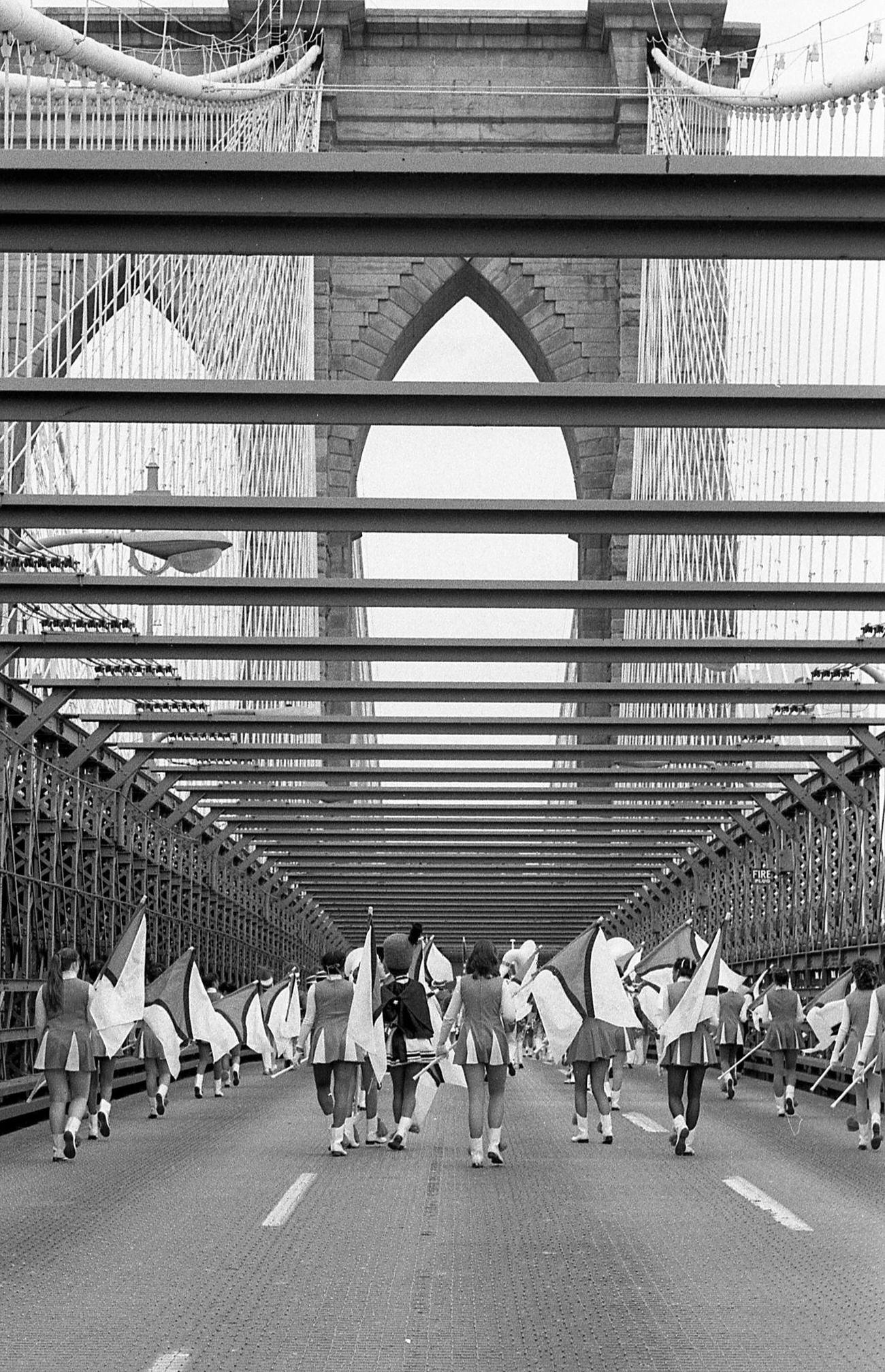 Rear View Of Marching Band Crossing Brooklyn Bridge, 1983