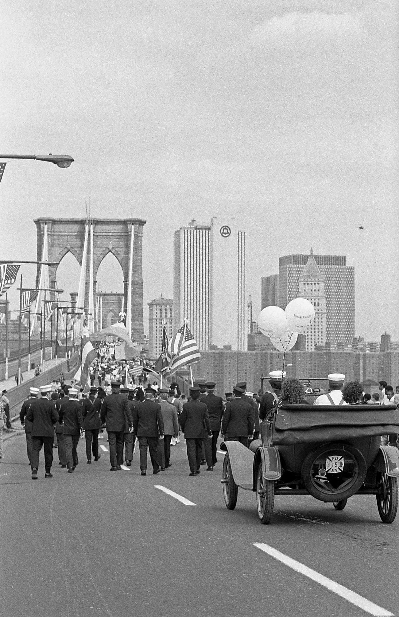 Uniformed Marchers And Antique Car On Brooklyn Bridge, 1983