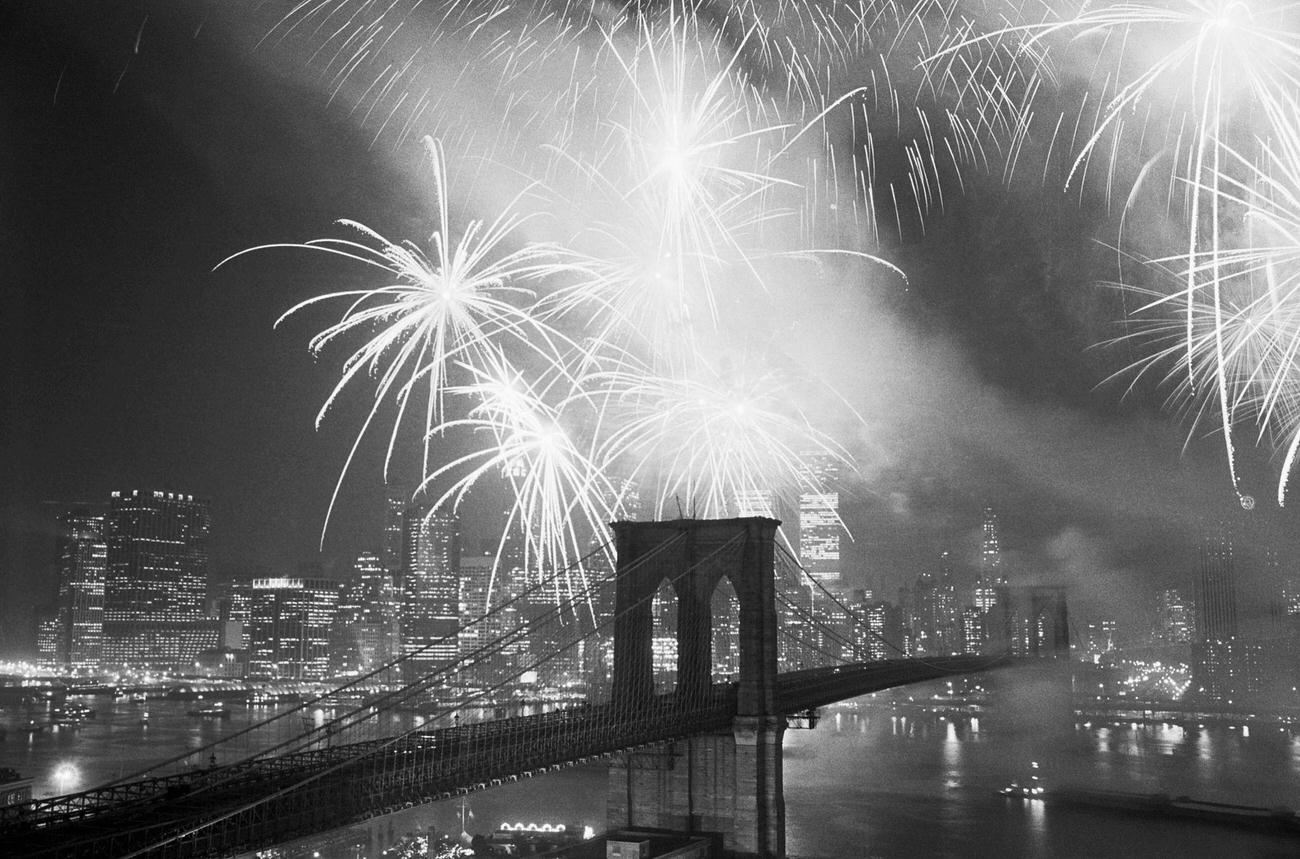 Fireworks Over Brooklyn Bridge With Manhattan Skyline, 1983