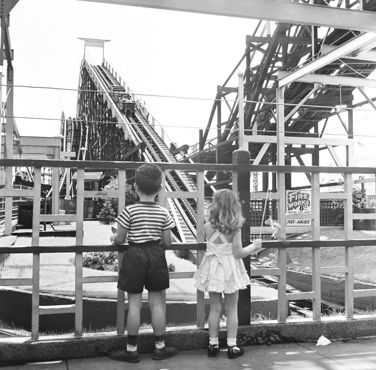 Children Watching Roller Coaster At Steeplechase Park, 1948