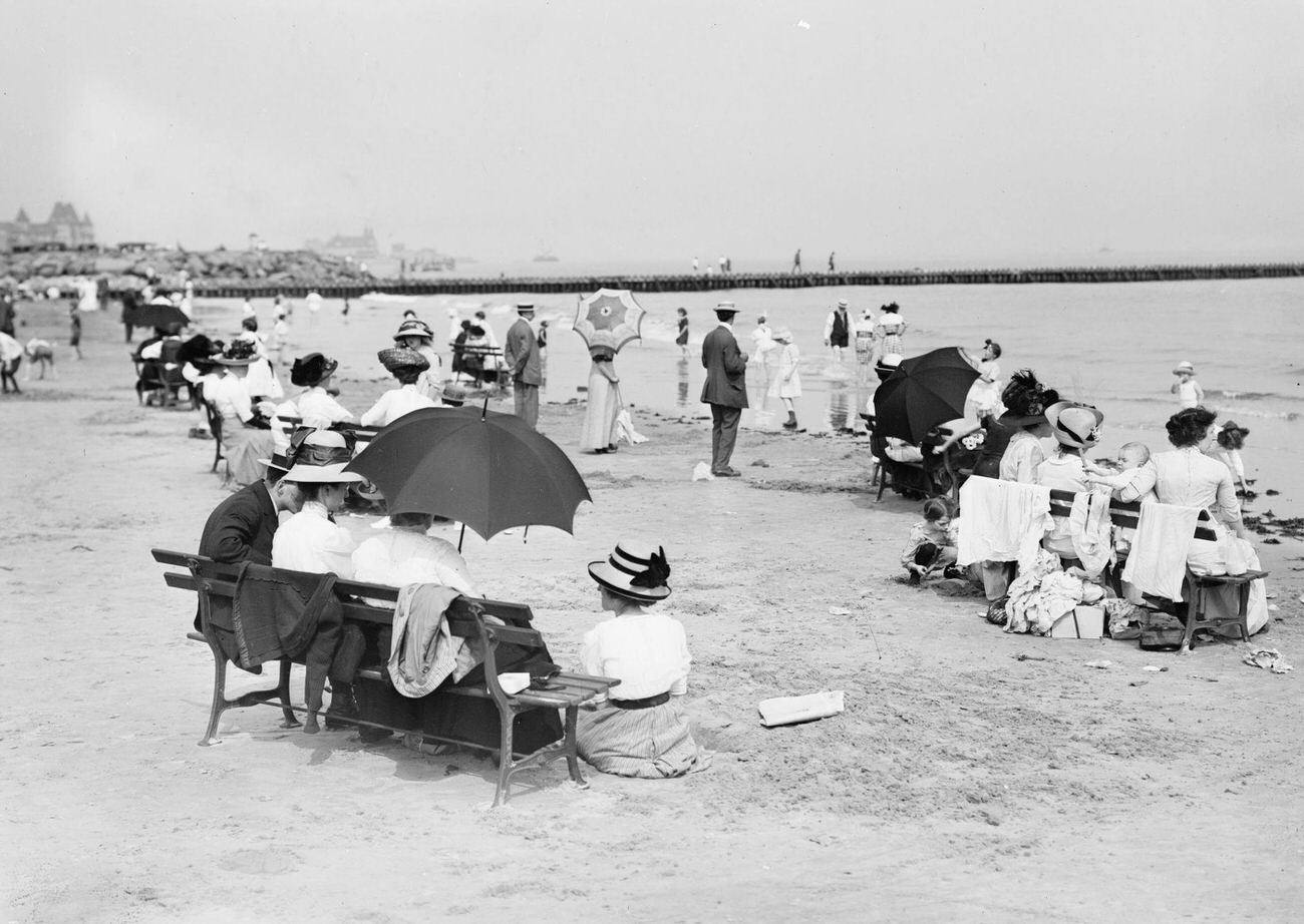 Over-Dressed Revelers At Coney Island Beach, Early 1910S