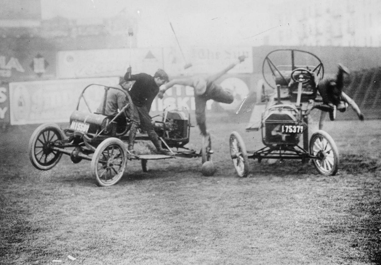 Cars Carry Mallet-Wielding Competitors In Polo Game, Circa 1900