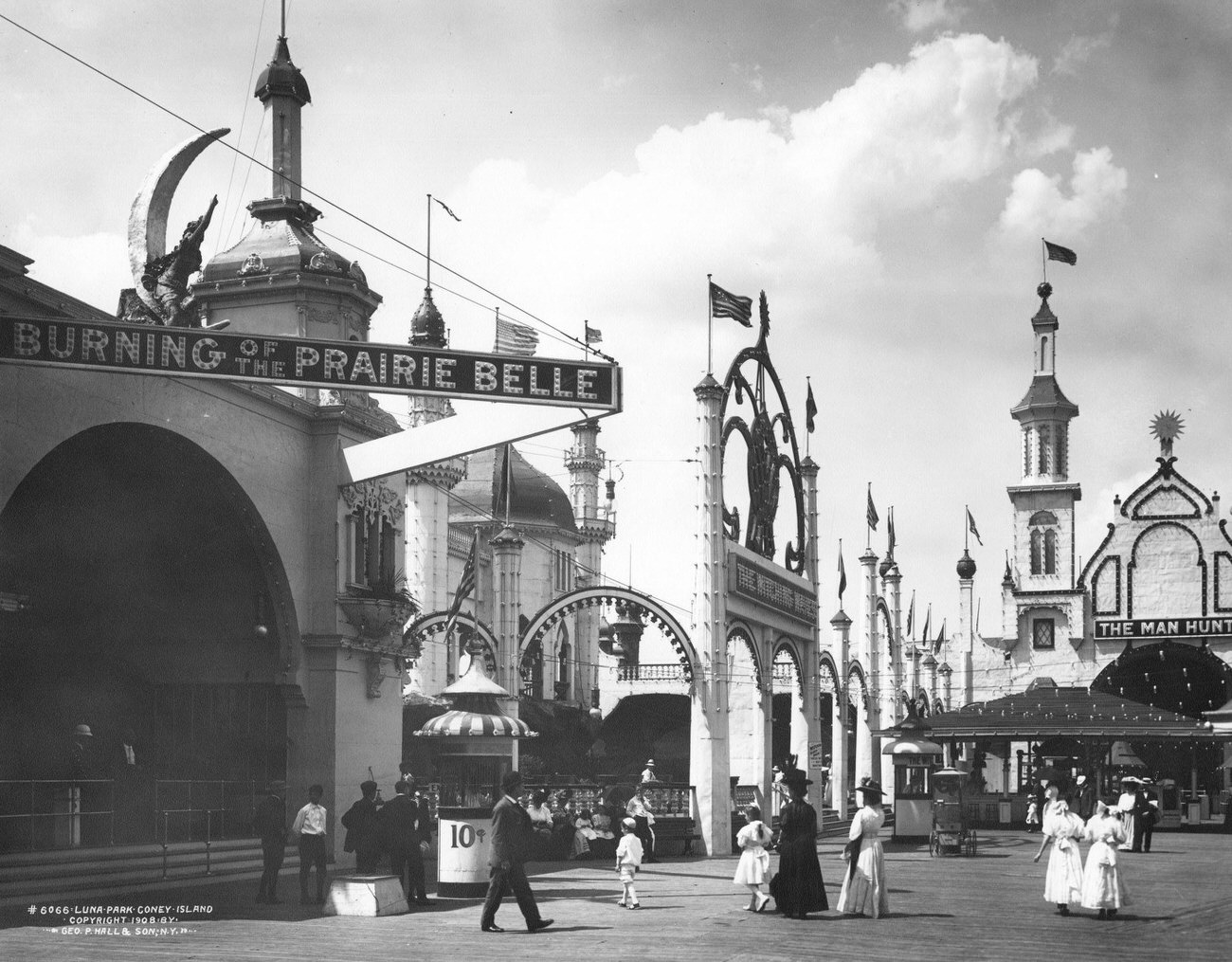 Luna Park With Attractions: Burning Of The Prairie Bell And The Man Hunt, 1908