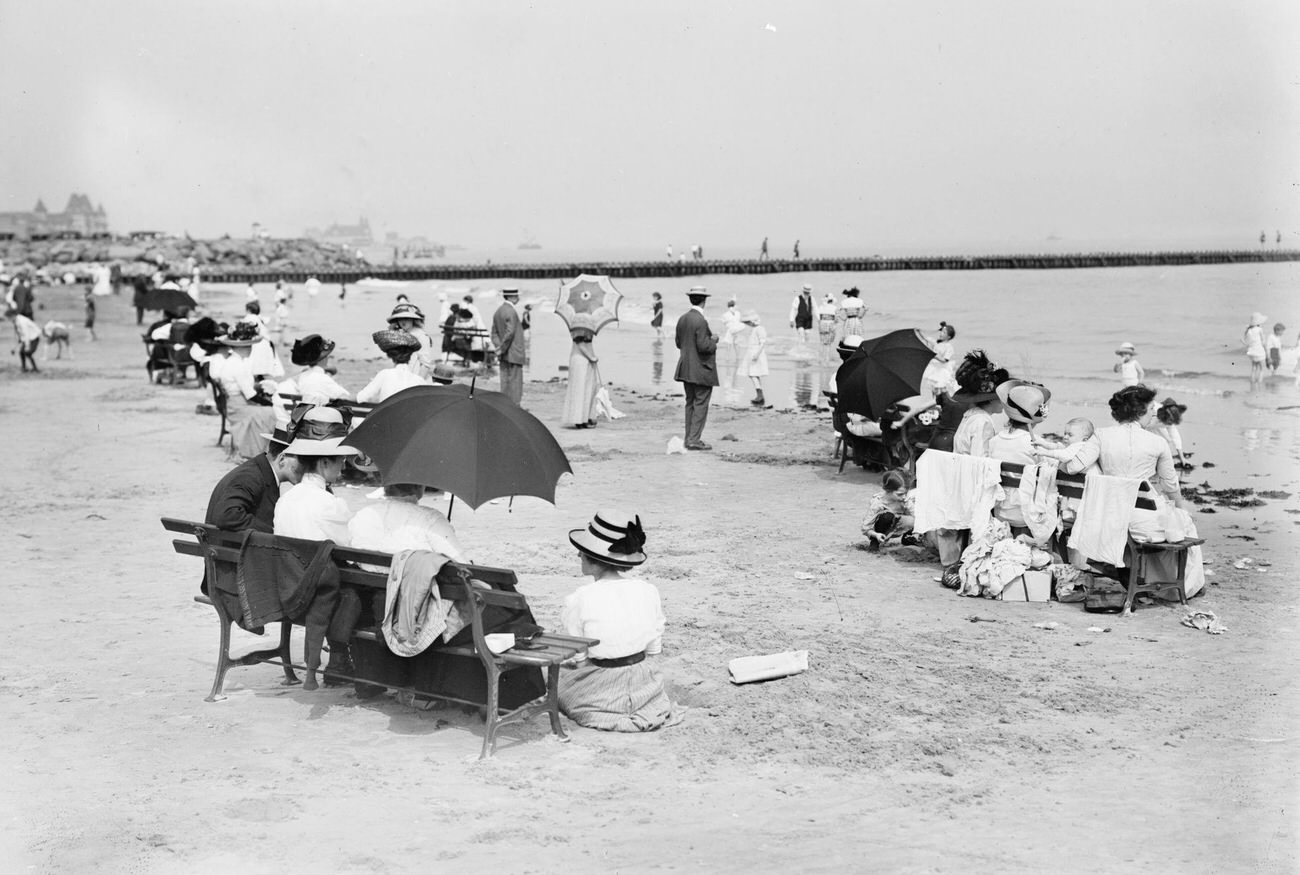 Overdressed Revelers At Coney Island Beach, Early 1910S