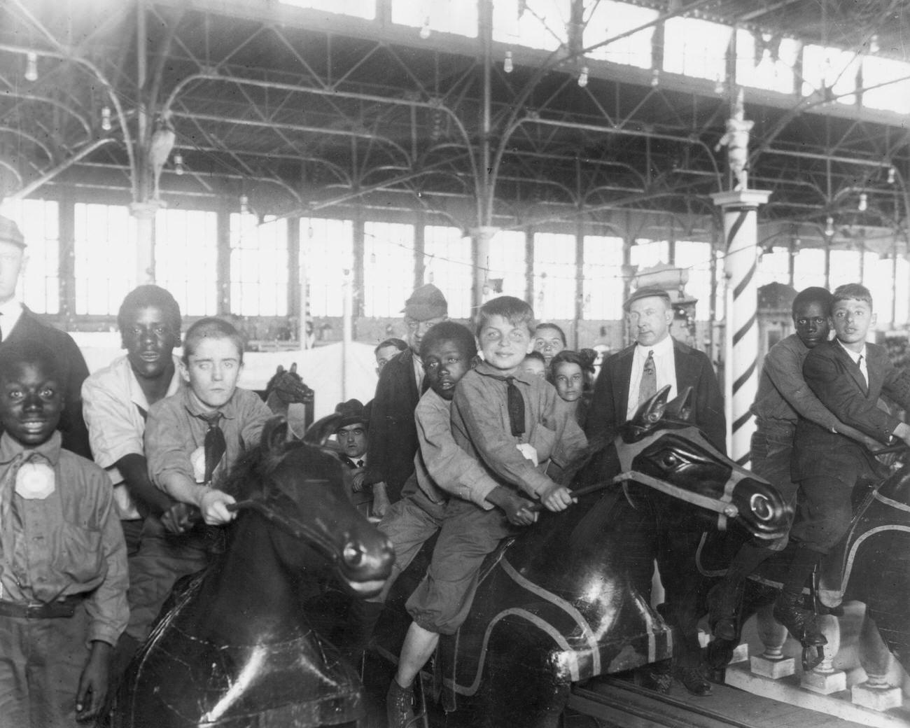 Diverse Boys On Horse Ride At Steeplechase Park, Coney Island, 1910