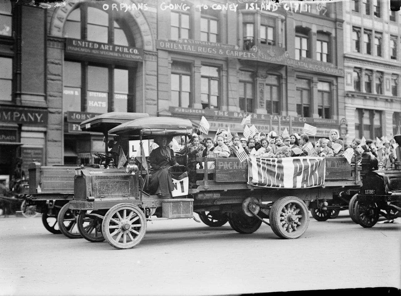Orphans Waving Flags On A Truck To Luna Park, 1911
