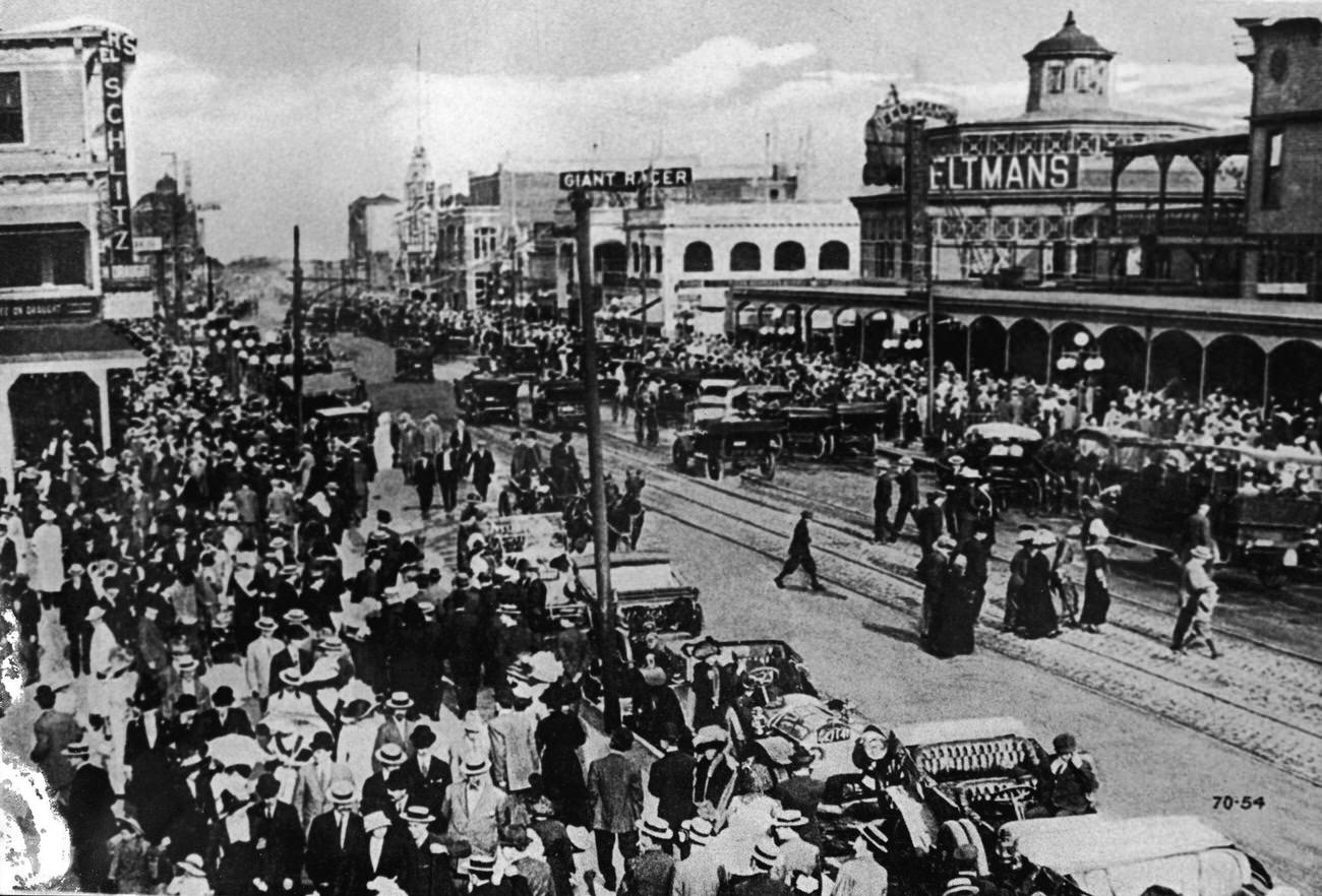 Surf Avenue View Featuring Feltman'S Restaurant And Giant Racer, Coney Island, Circa 1910