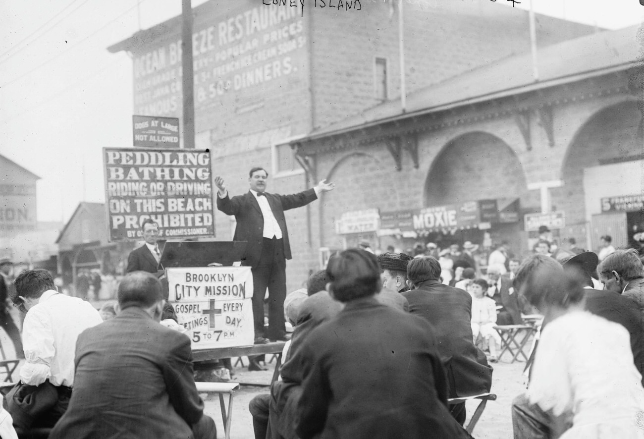 Brooklyn City Mission Preacher Addressing Coney Island Crowds, Circa 1910