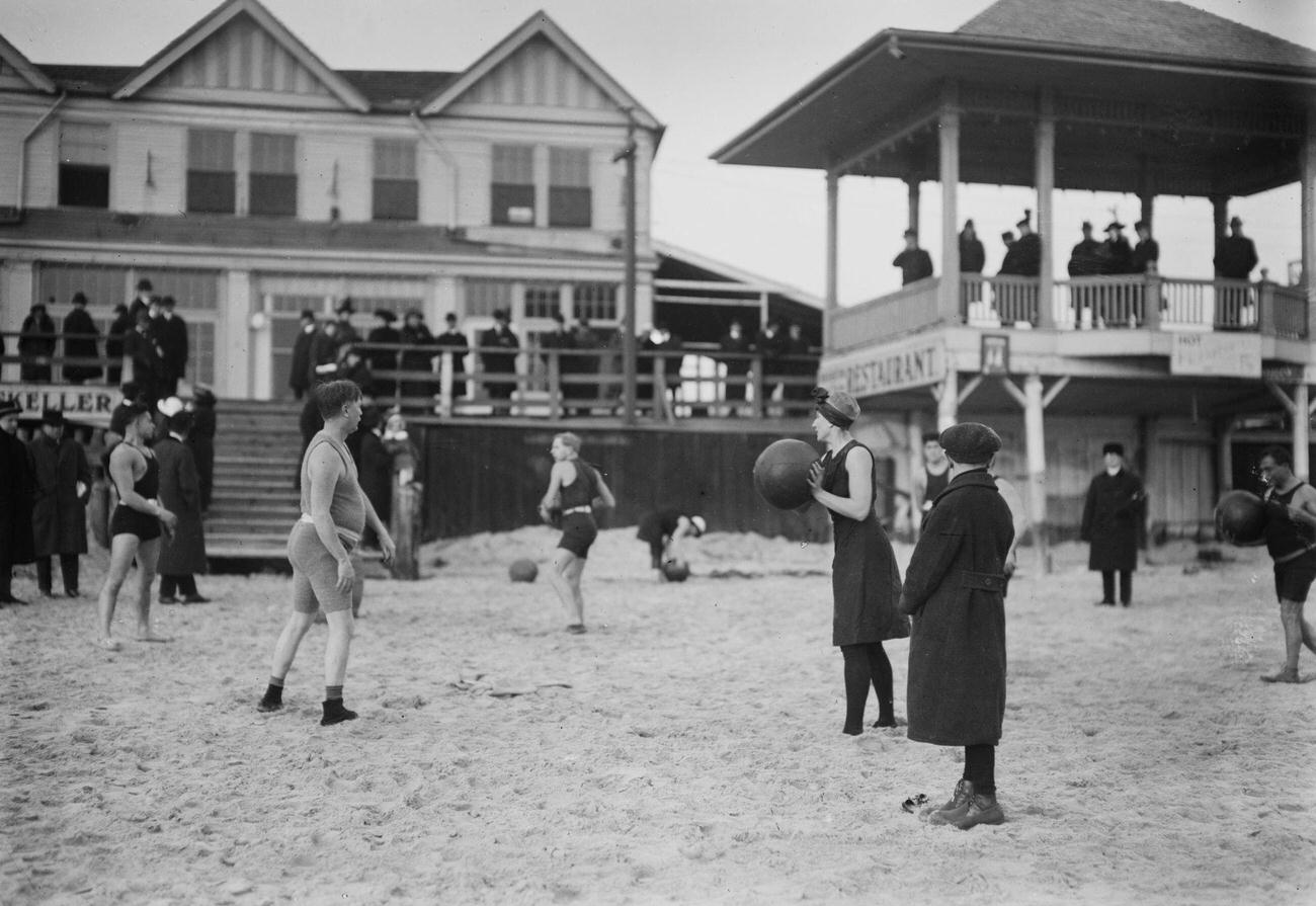 People On The Beach At Coney Island Throwing Balls, January 1915.