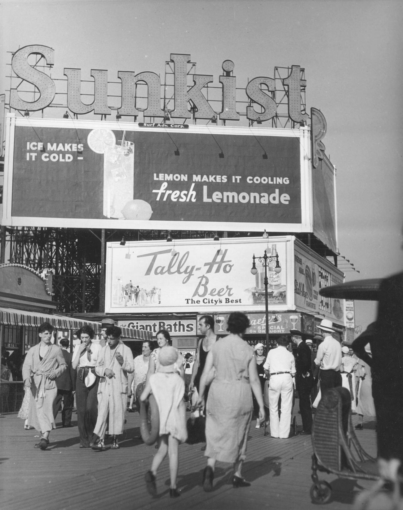 Sunkist Lemonade And Tally-Ho Beer Billboards On Boardwalk, 1929