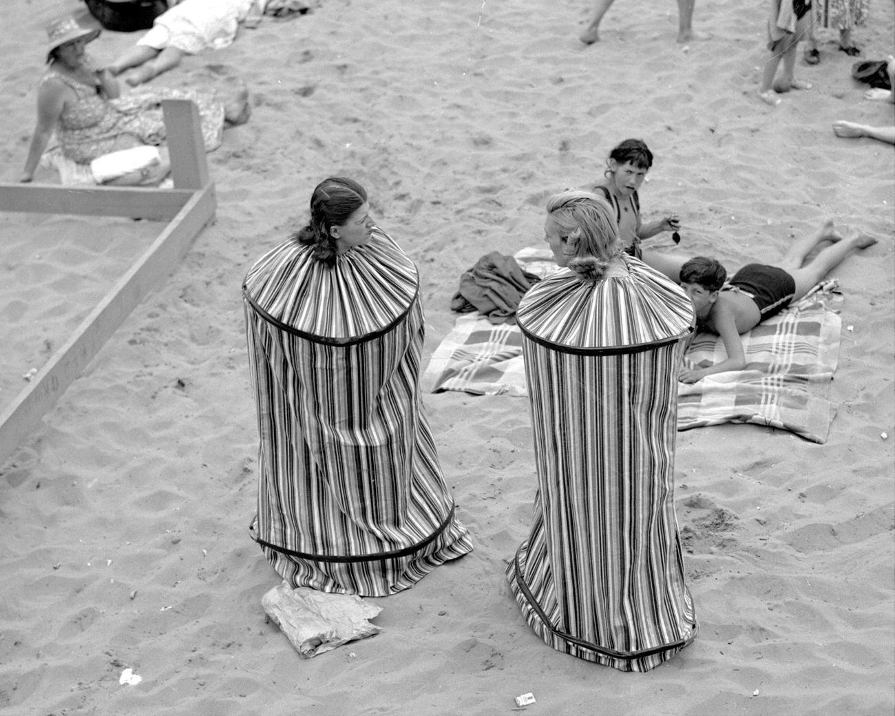 Rita Perchetti And Gloria Rossi Try New Portable Bathhouse At Coney Island, July 4