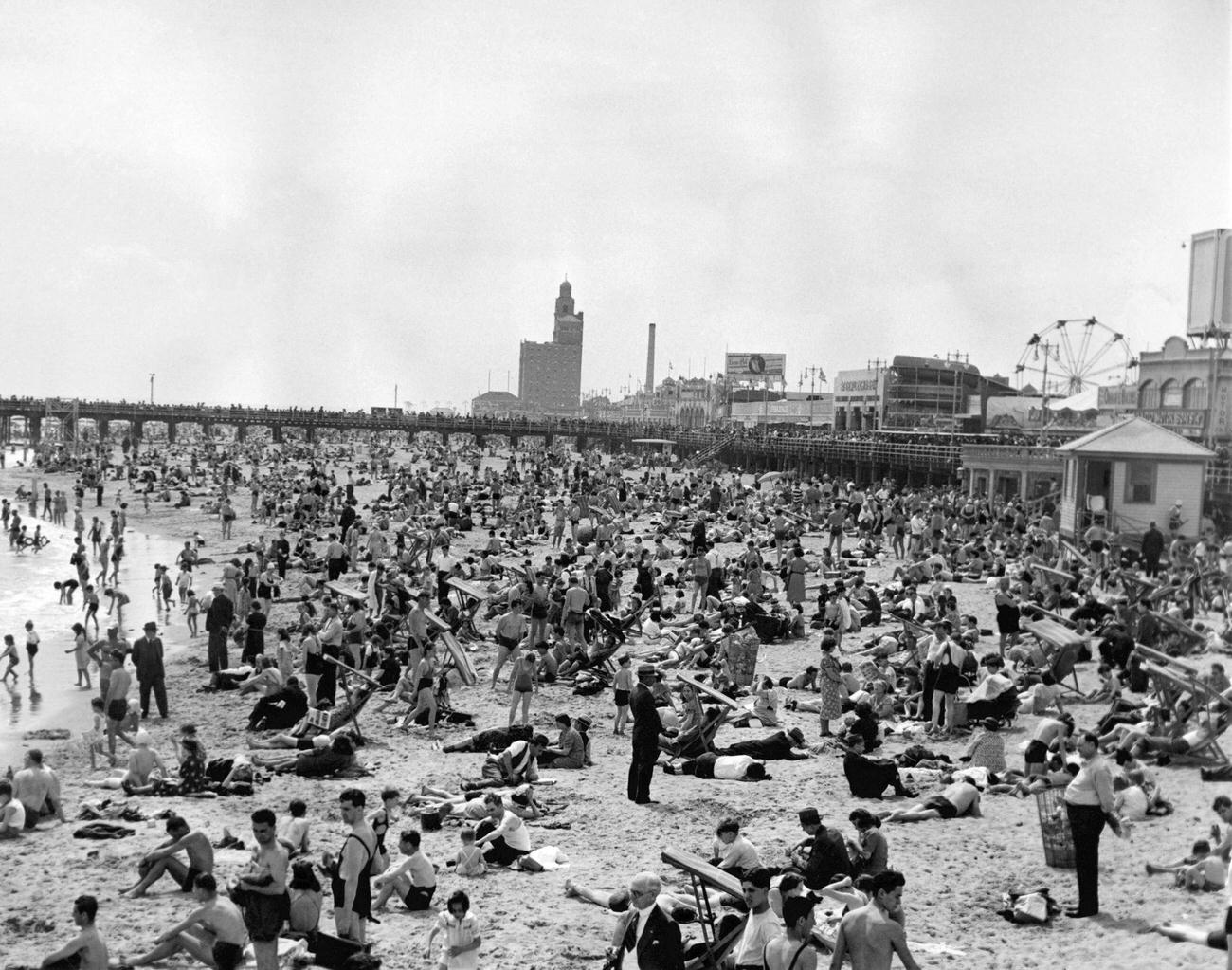 Crowded Coney Island Beach Refreshes Boaters, May 28, 1939