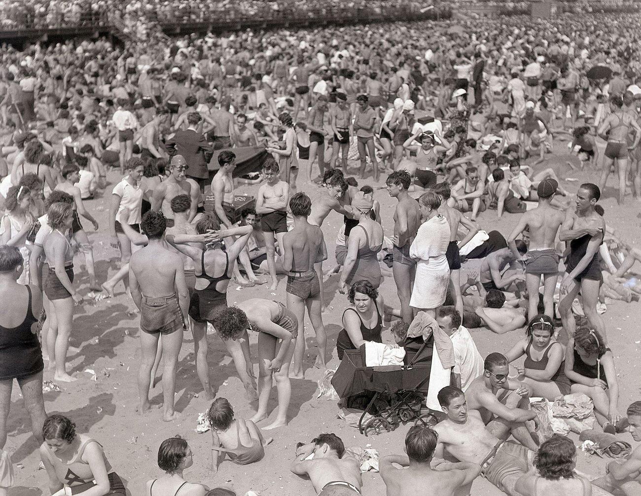 Coney Island Beach Scene Filled With People, 1935