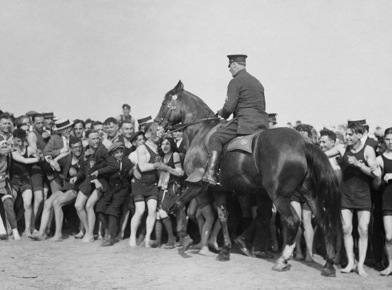 Mounted Police Officer Manages Crowd On New Boardwalk, Circa 1935