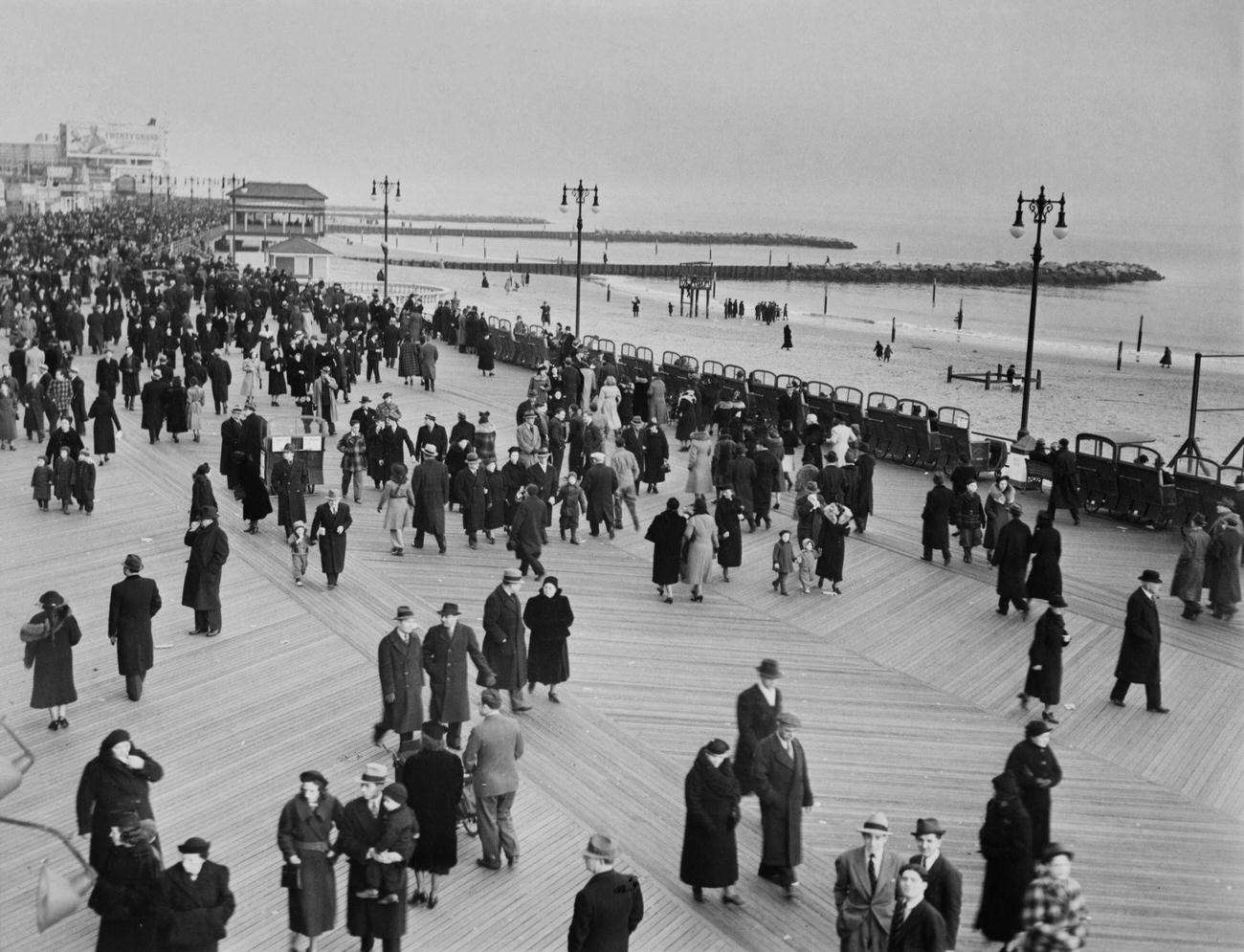 Busy Boardwalk At Coney Island, February 7, 1938