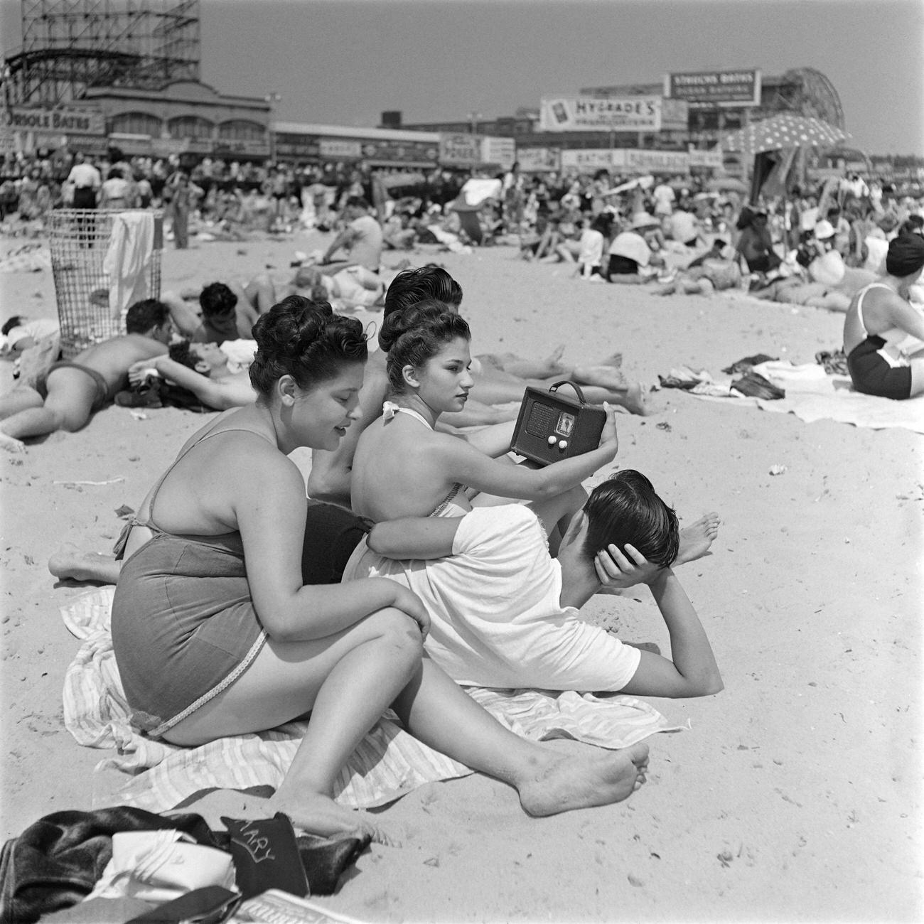 Teens With Portable Radio At Coney Island Beach, June 1946