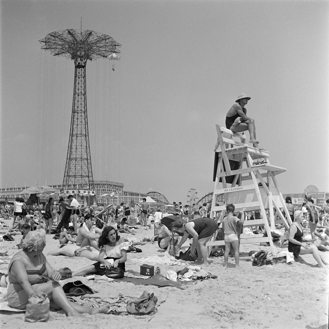 Lifeguard Watches Over Crowded Coney Island Beach, June 1946