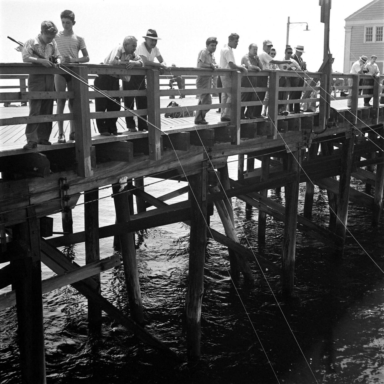 Men Fishing On Wooden Bridge At Coney Island, 1946