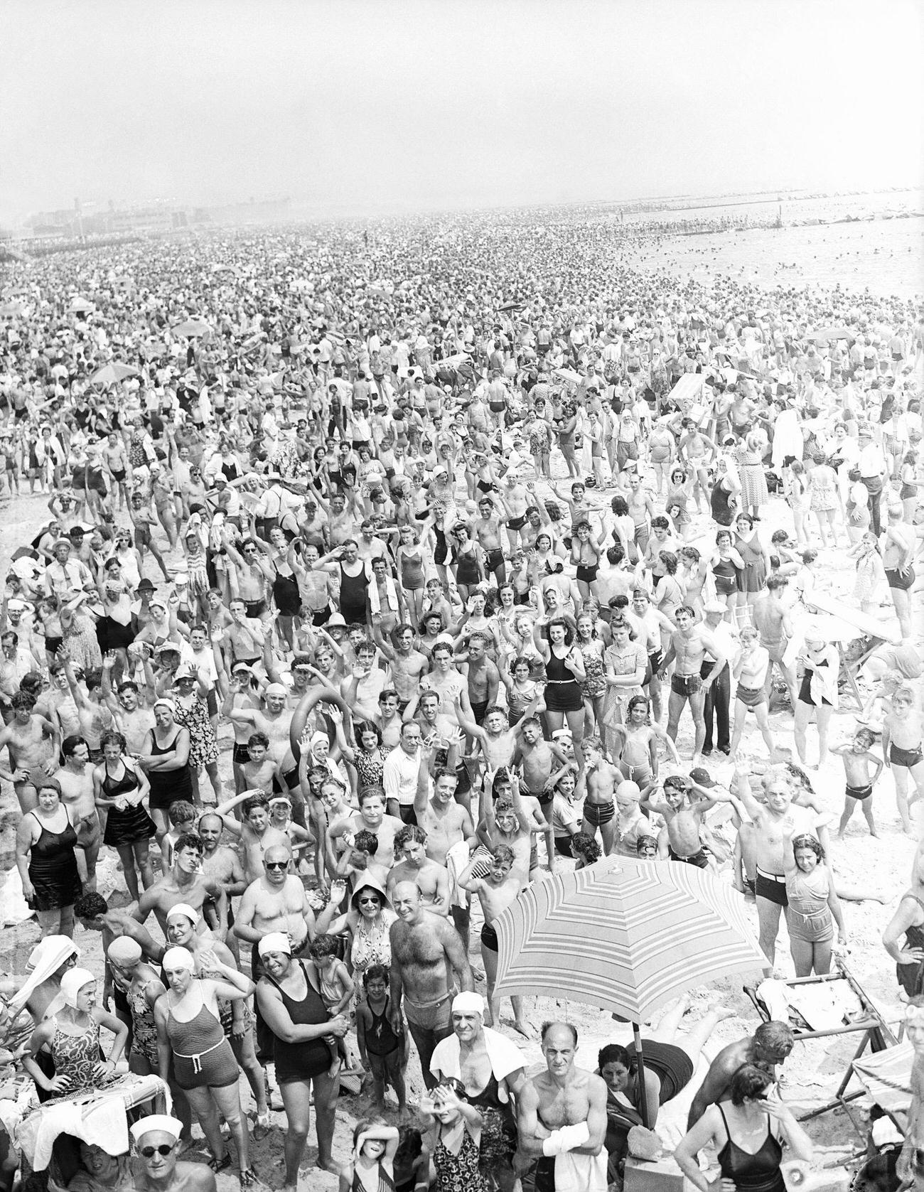 Coney Island Crowd Waving At Camera, 1946