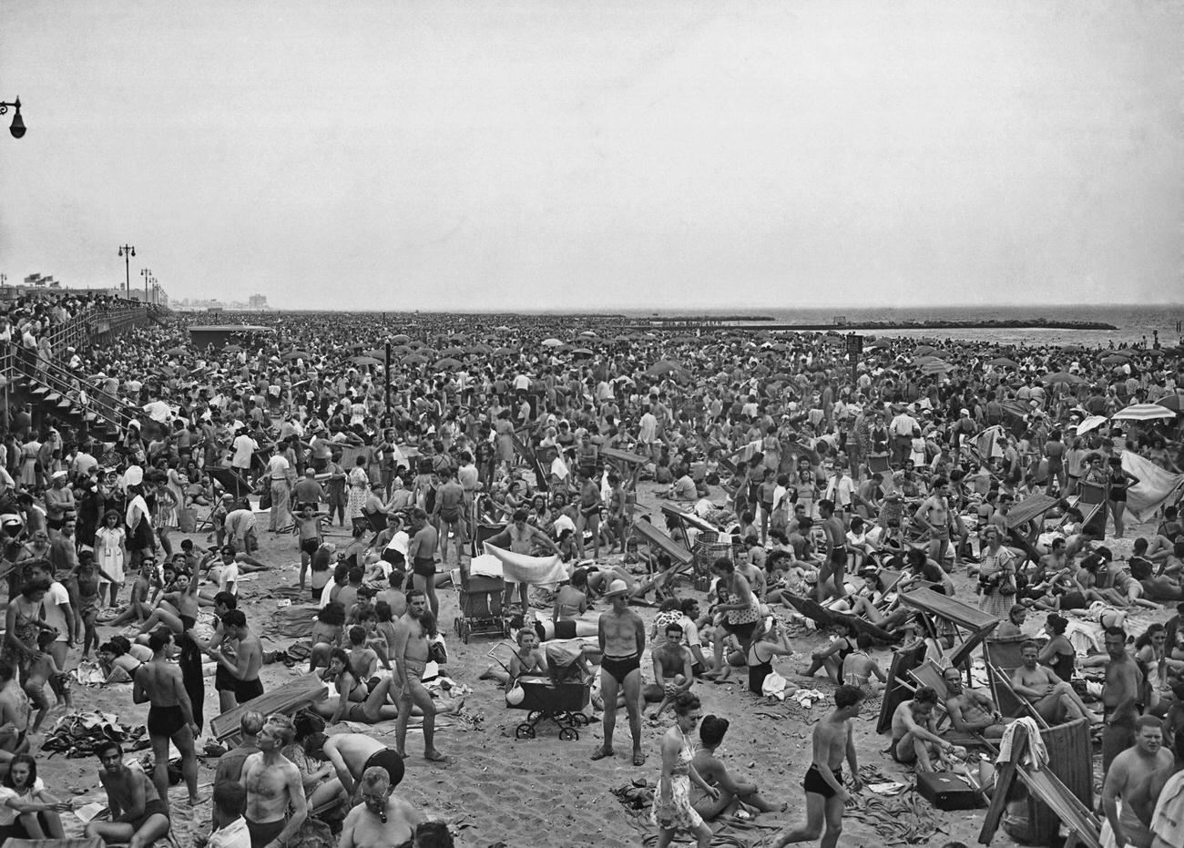 Crowded Beach At Coney Island, July 1947