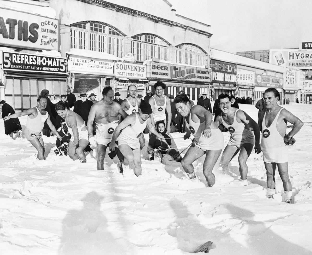 Revelers Enjoy Snowy Coney Island Beach, December 28, 1947