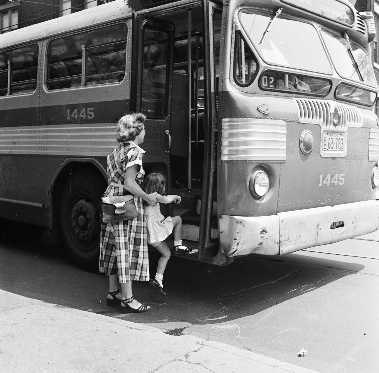 Mother Helps Daughter Aboard Flatbush Avenue Bus, 1948