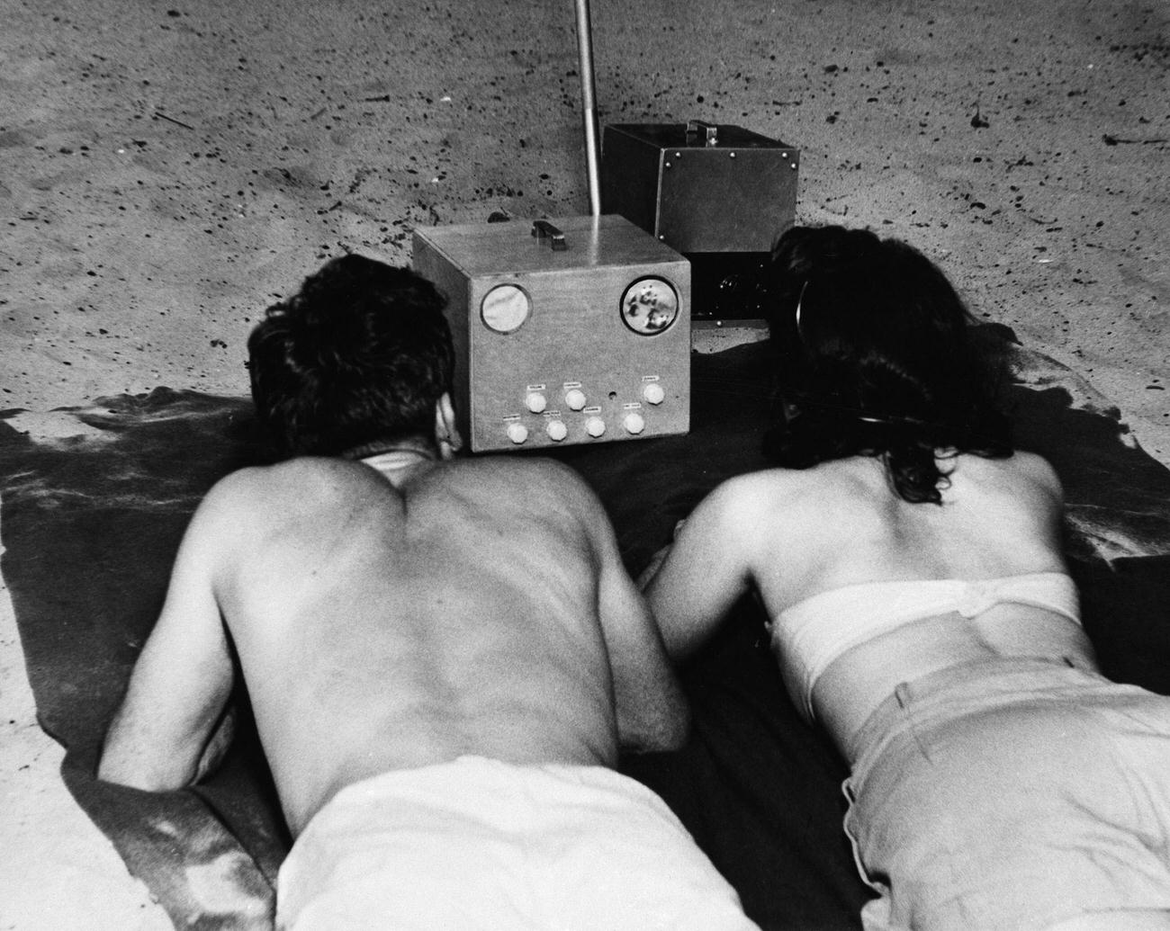 Couple Tests Portable Tv At Steeplechase Park, June 1, 1948