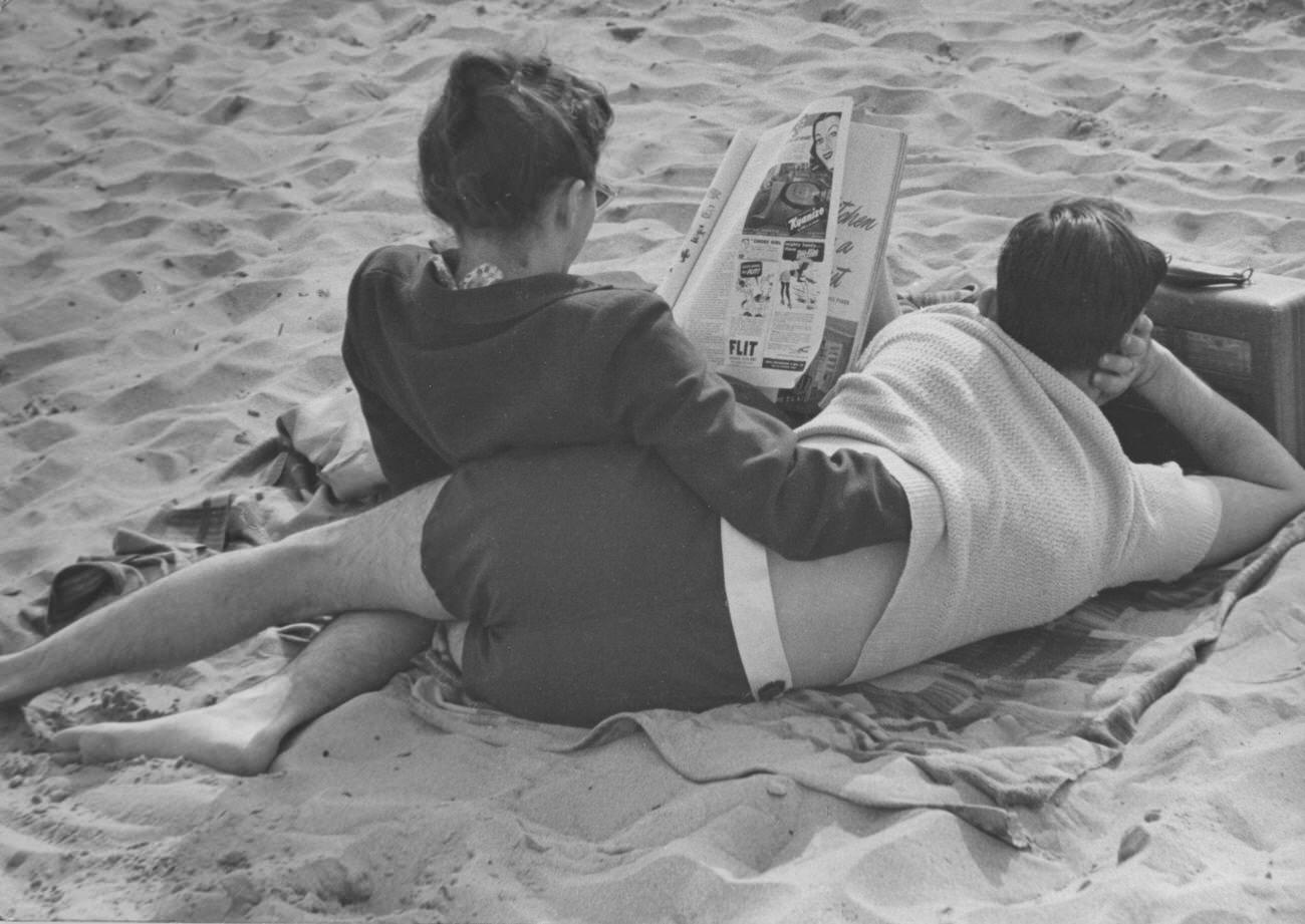 Couple Relaxes On Coney Island Beach, 1949