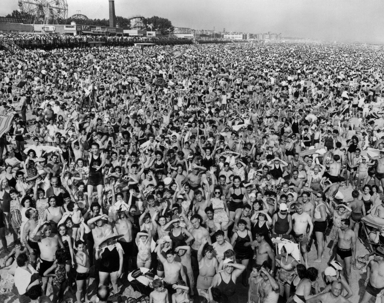 Crowd Covers Coney Island Beach, Afternoon