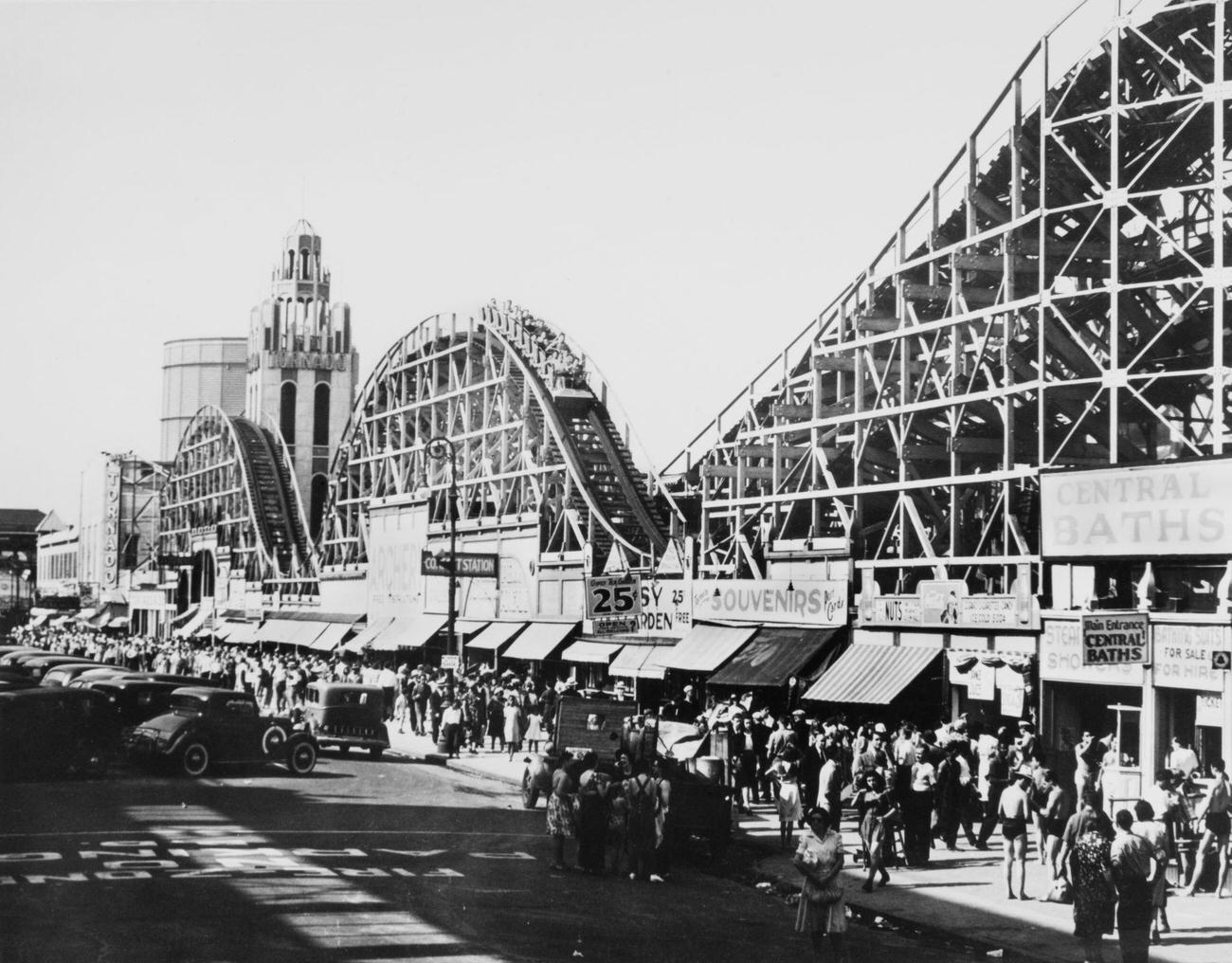 Crowd Walking Near Tornado Roller Coaster, 1941