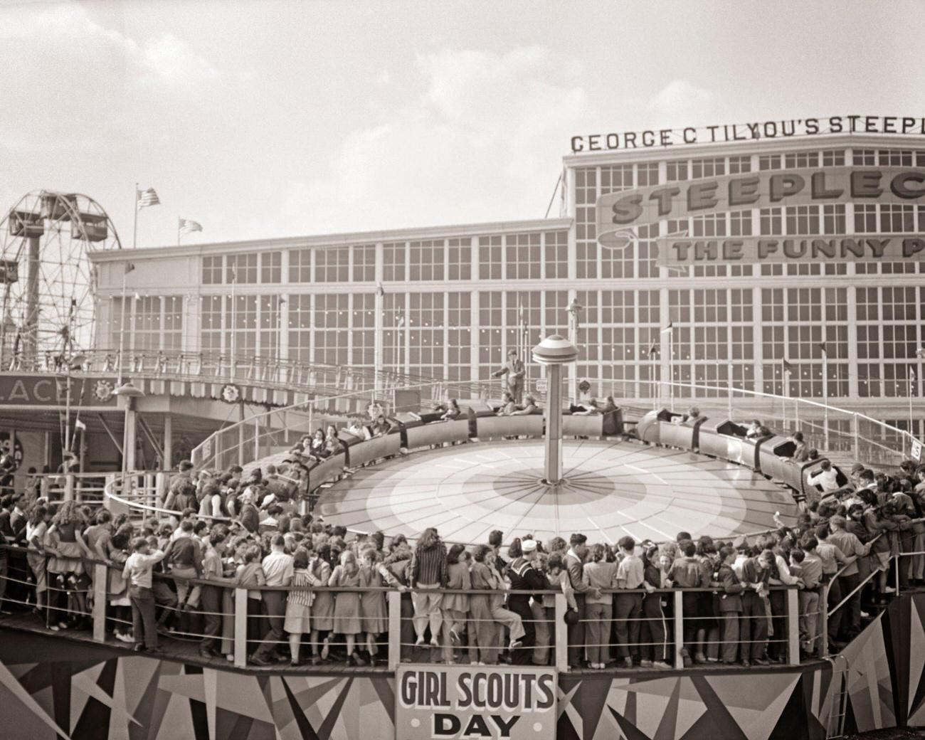 Young People Lined Up At Steeplechase Amusement Park, 1940S