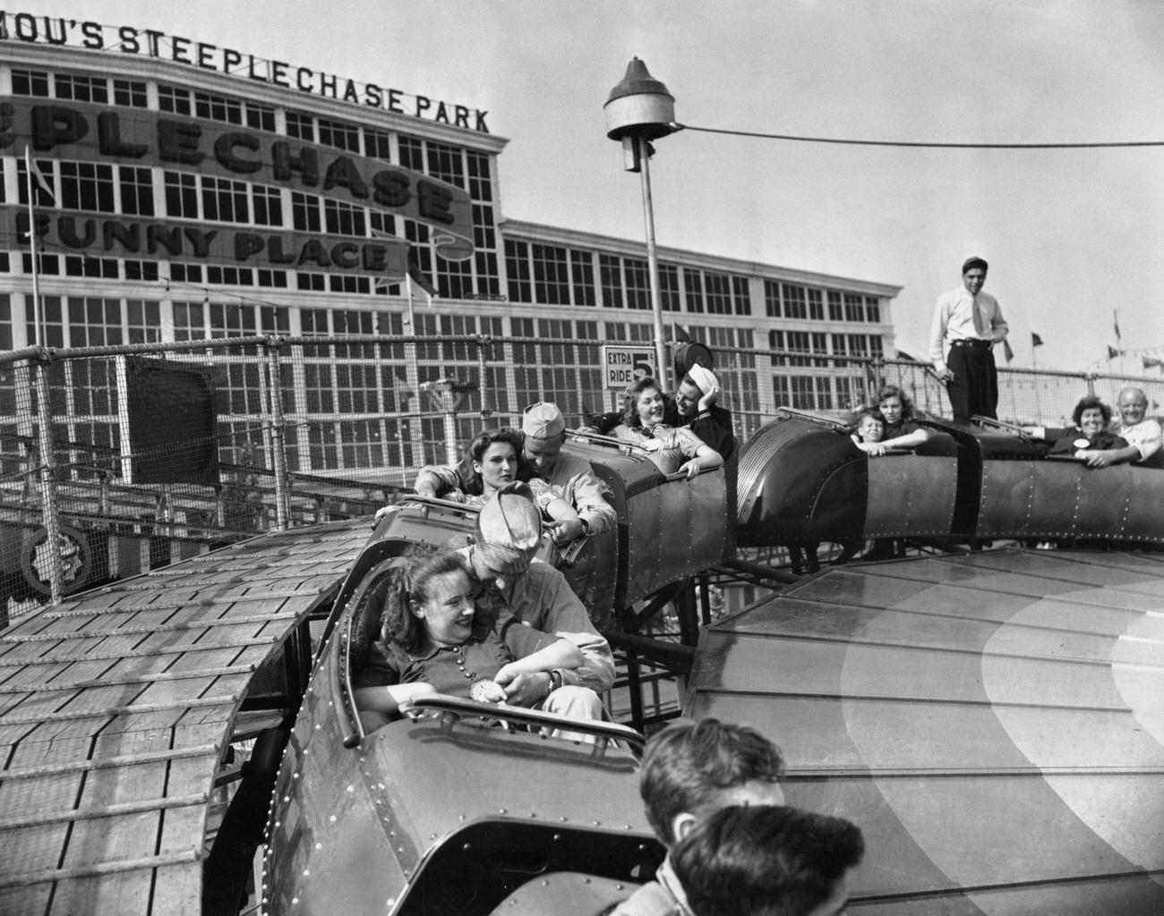 People On Silver Streak Ride At Steeplechase Park, 1943