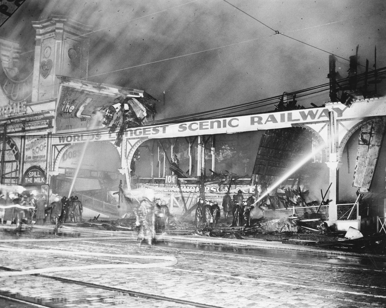 Firemen At Luna Park Scenic Railway Fire, 1944