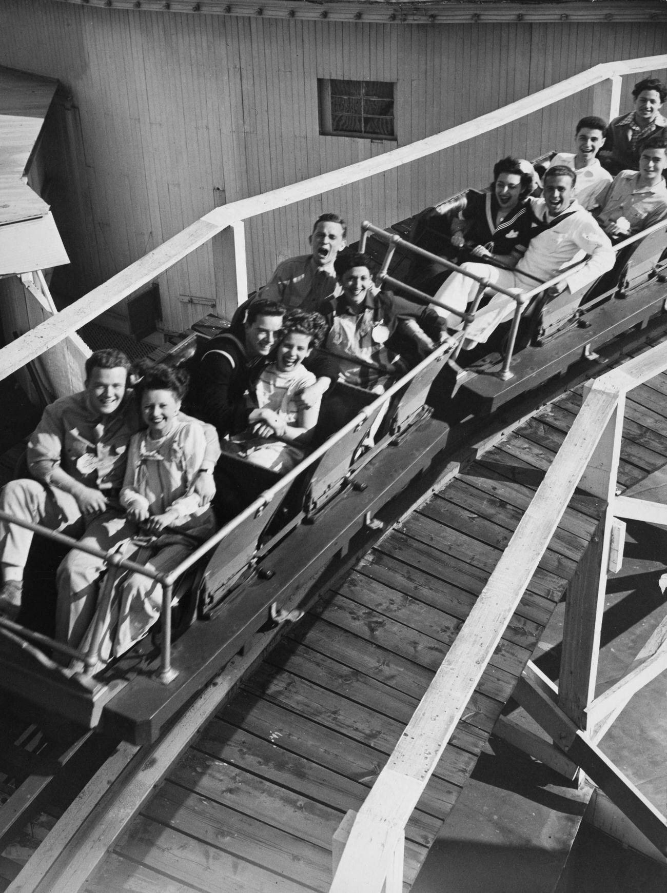 People On Silver Streak Ride At Steeplechase Park, June 11, 1944