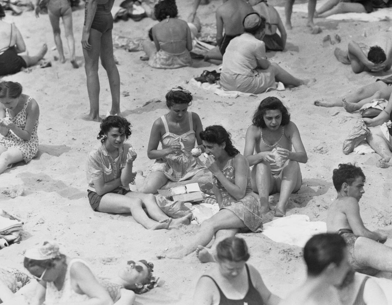 Women Having Packed Lunch At Coney Island Beach, August 13, 1944