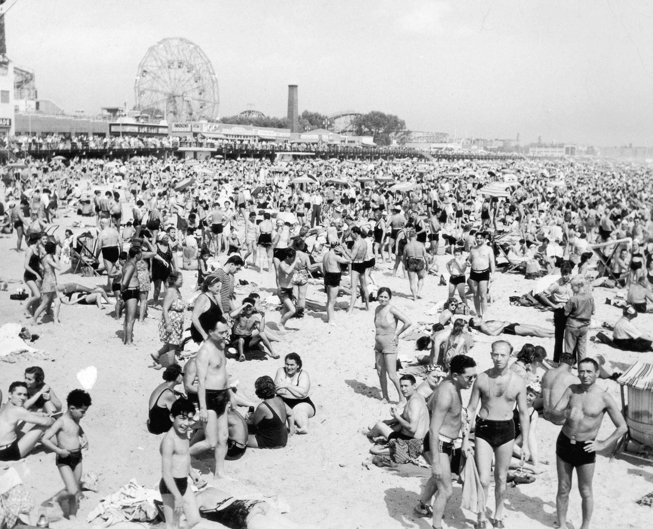 Huge Crowd In Swimsuits At Coney Island Beach, Circa 1945