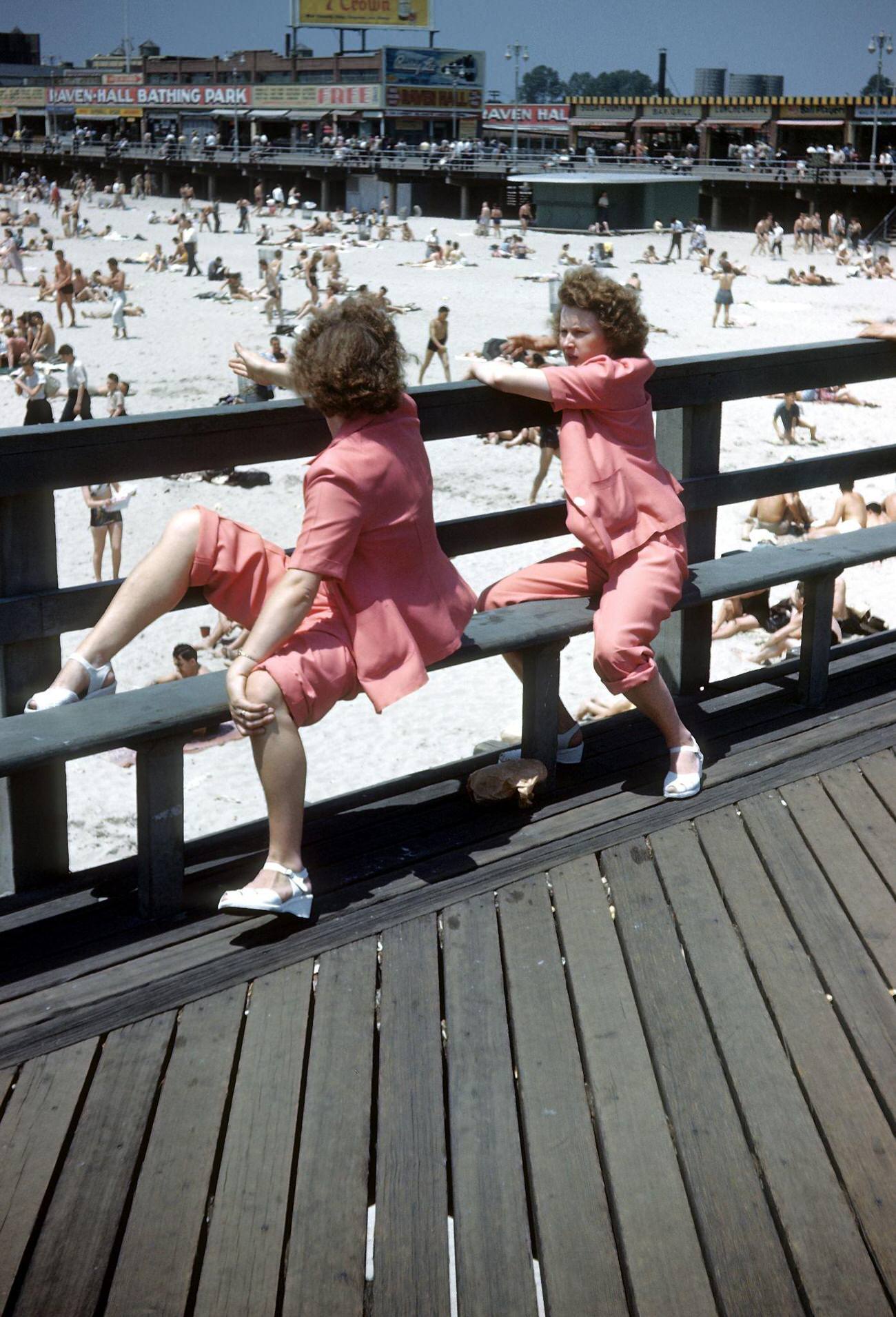 Identical Twins Overlooking Coney Island Boardwalk And Beach, 1948