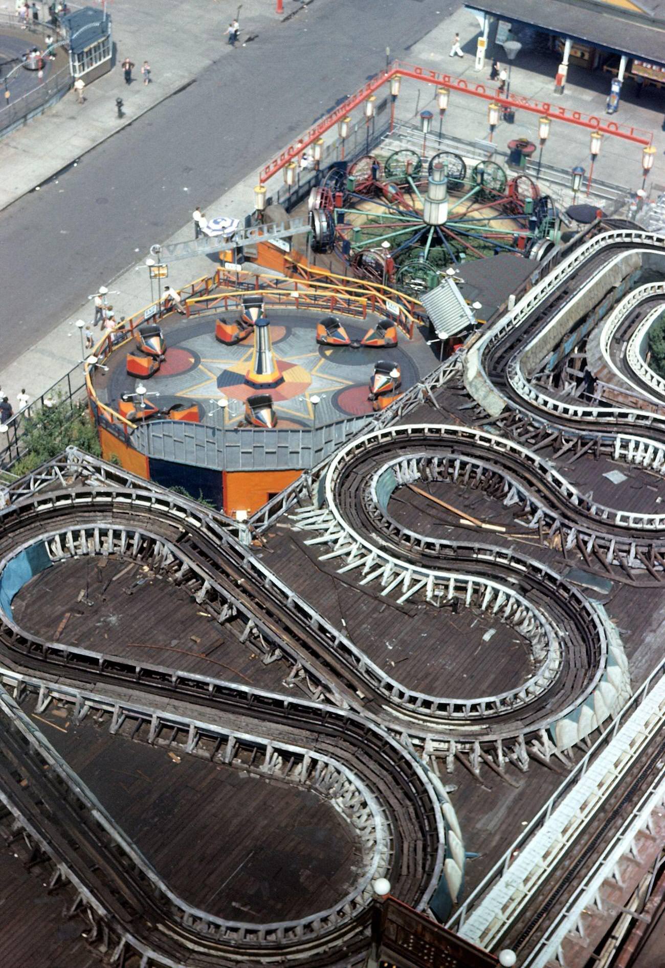 Aerial View Of Virginia Reel, The Looper And Whirlaway Rides At Luna Park, 1948