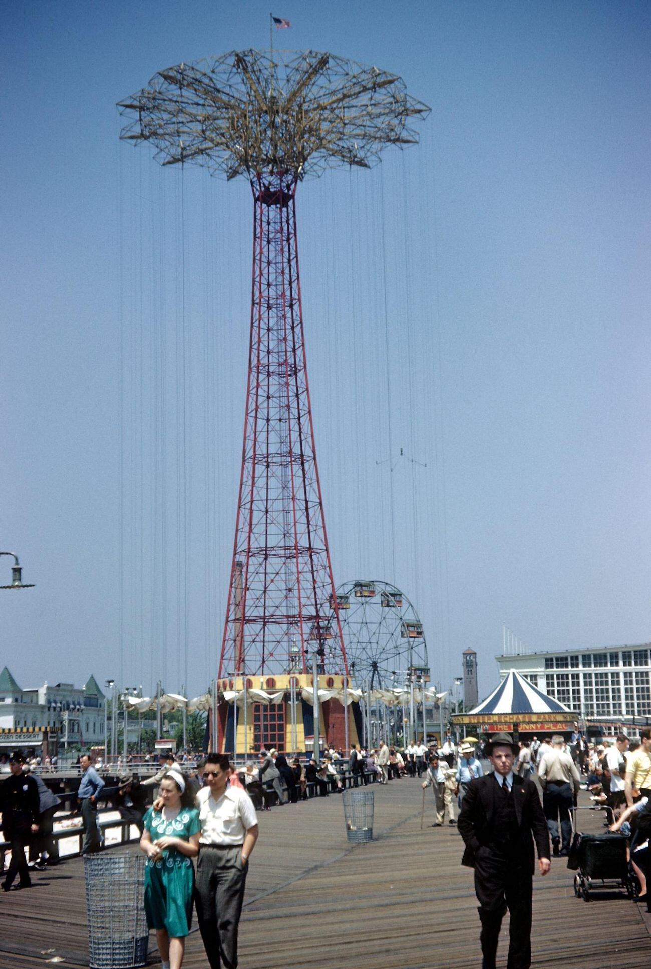 Coney Island Boardwalk And The Famous Parachute Jump In Steeplechase Park, 1948