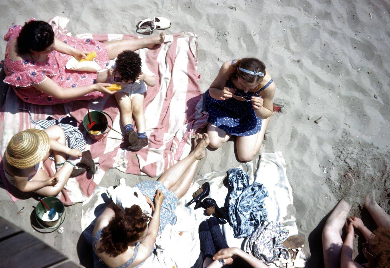 Sunbathers Relaxing On Coney Island Beach, 1948