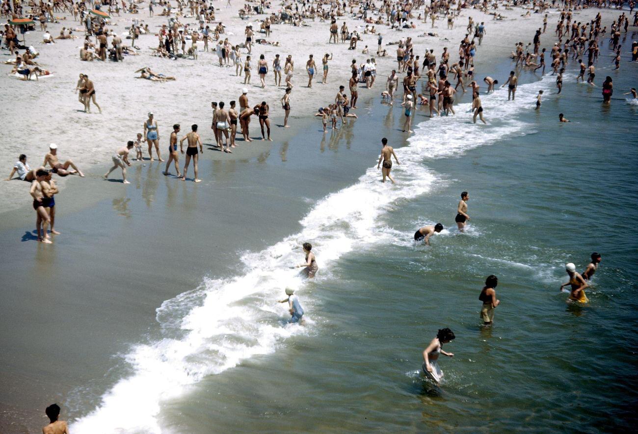 Sunbathers And Swimmers Enjoying Coney Island Beach, 1948