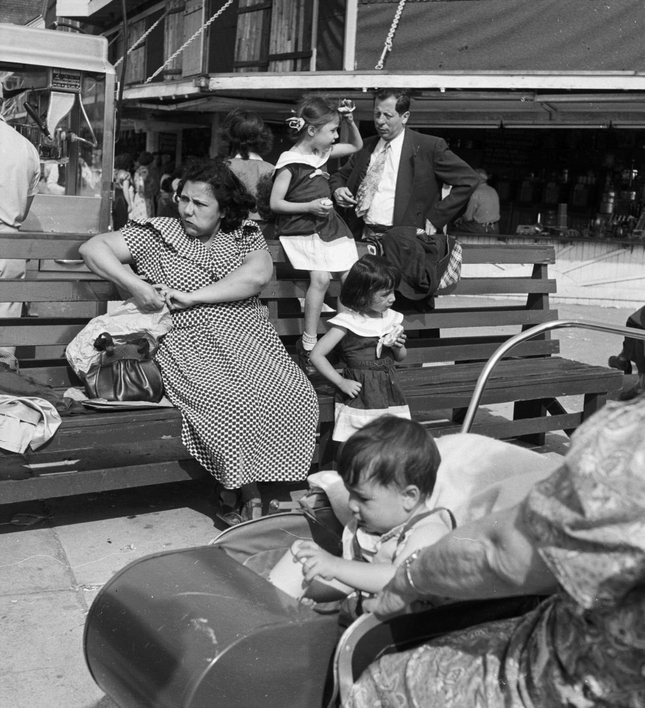 People Relaxing On Coney Island Sea Front, Circa 1950