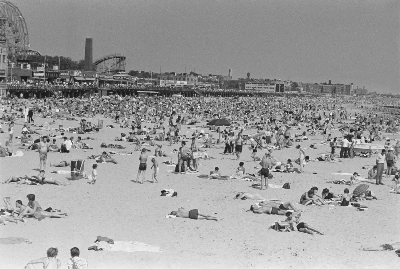 Beach And Boardwalk In Coney Island, Circa 1952.