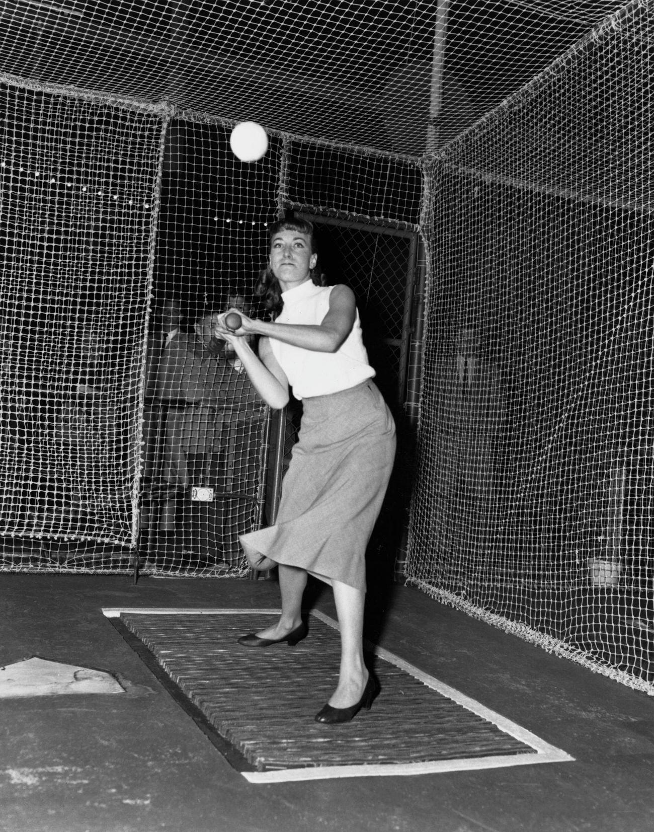 Woman At Bat-A-Way Baseball Range, August 1954