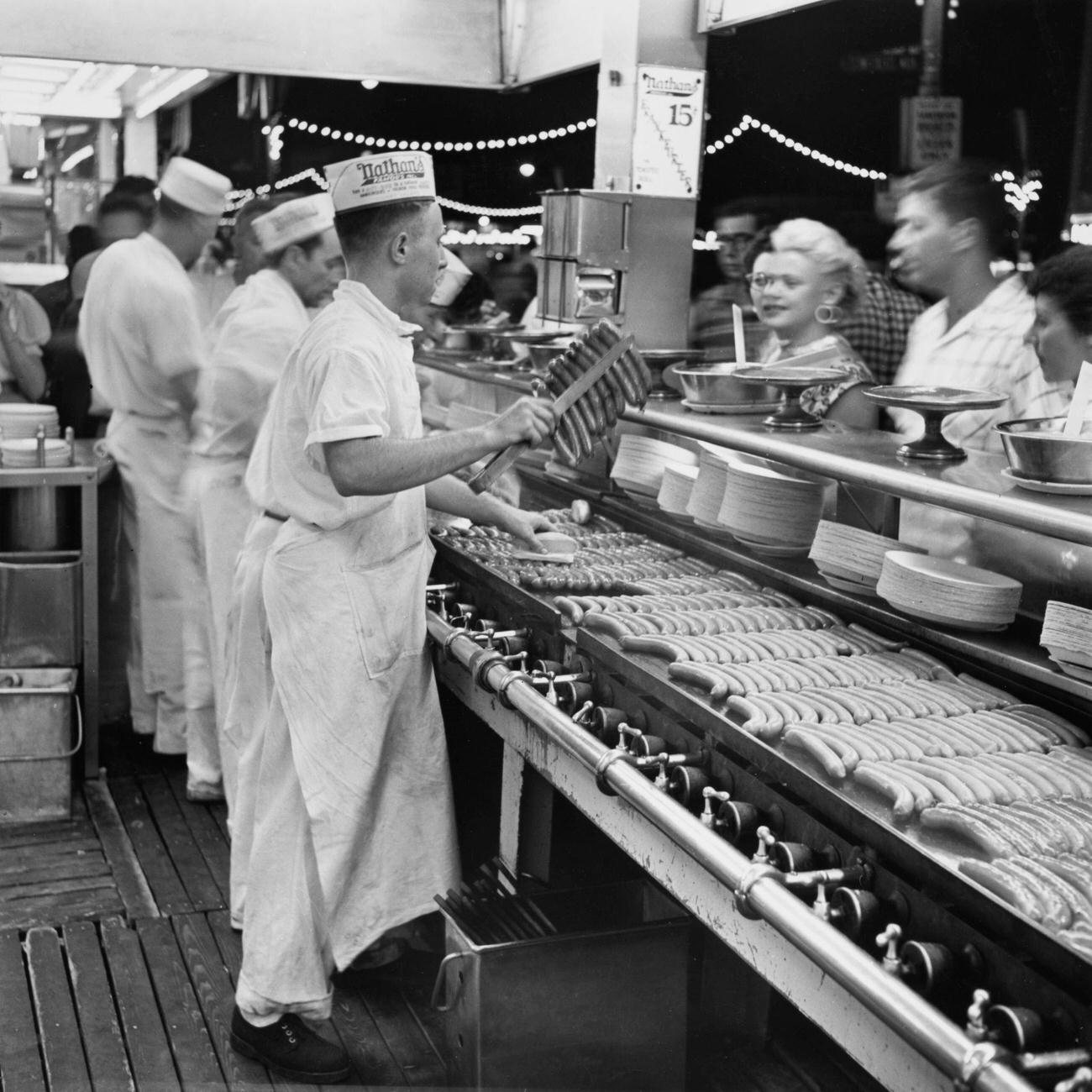 Men Cooking Hot Dogs At Nathan'S, August 1954